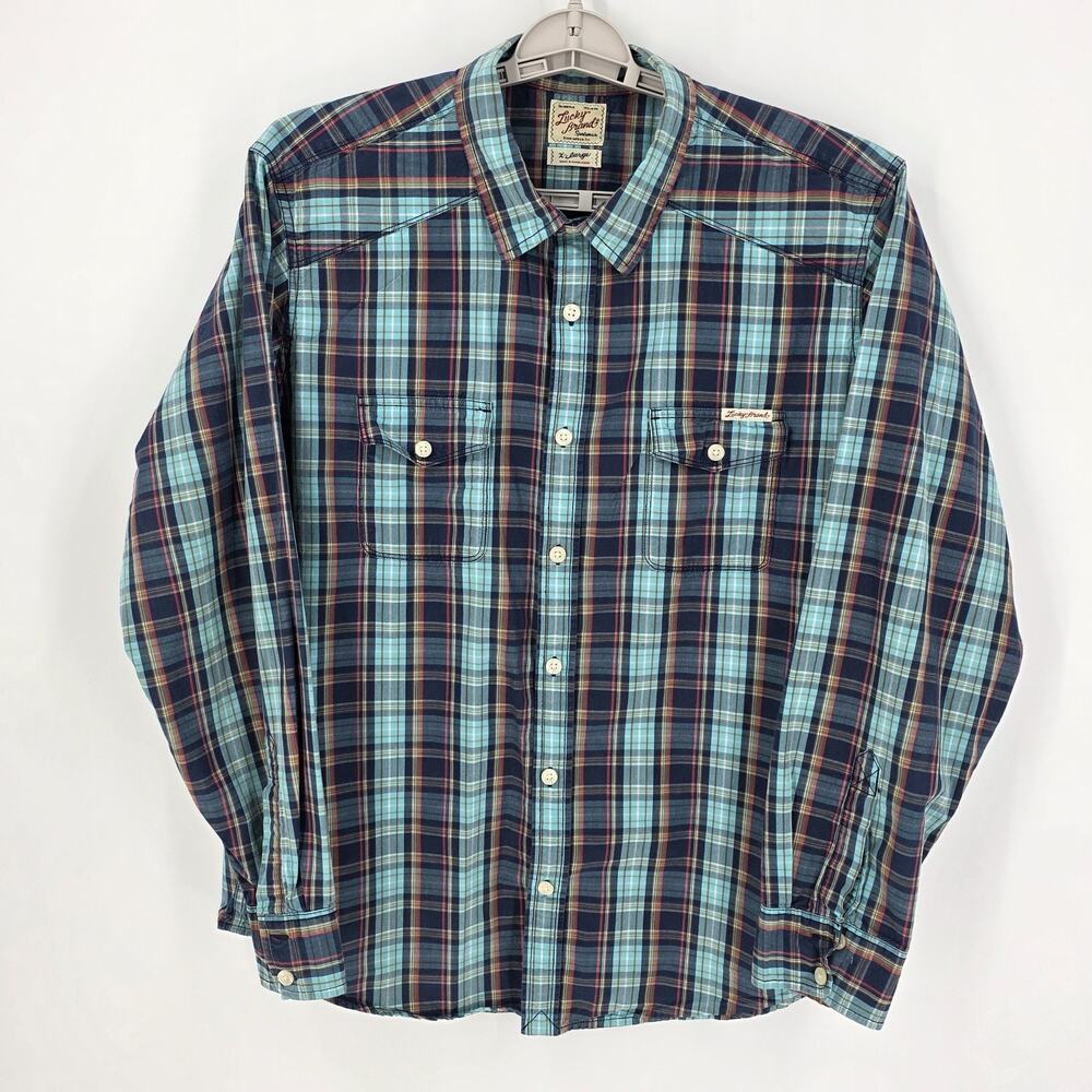 Lucky Brand Men's Plaid Button Down‎ Shirt XL Blue Western Casual Long Sleeve